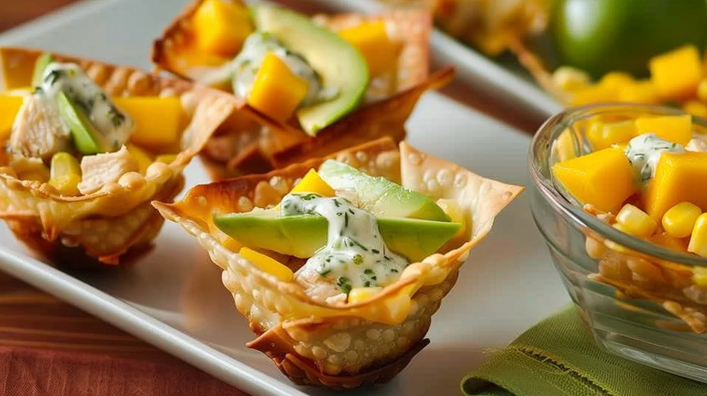 Avocado Honey Lime Chicken Wonton Cups With Mango Salsa