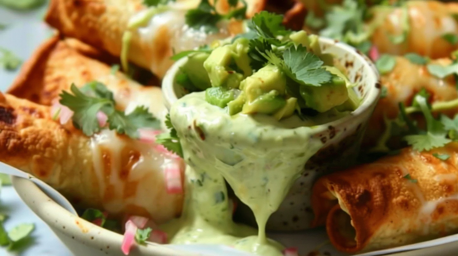 Cheesy Honey Lime Chicken Taquito Rolls With Avocado Crema Dip