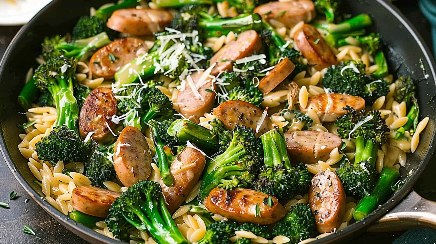 Chicken Sausage Broccoli and Orzo Skillet