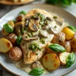 Creamy Garlic Mushroom Alfredo Chicken and Potatoes With Basil Pesto