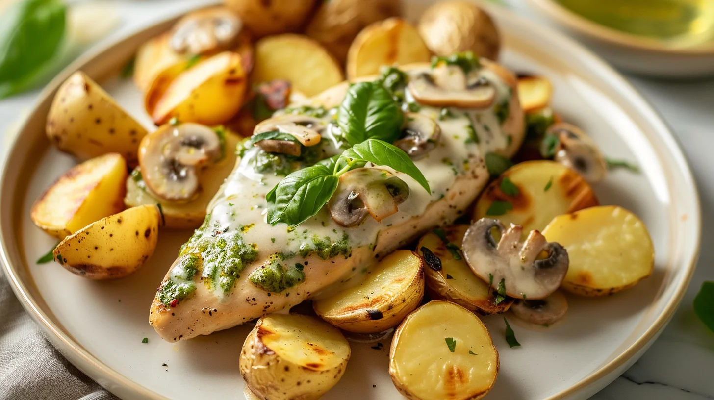 Creamy Garlic Mushroom Alfredo Chicken and Potatoes With Basil Pesto
