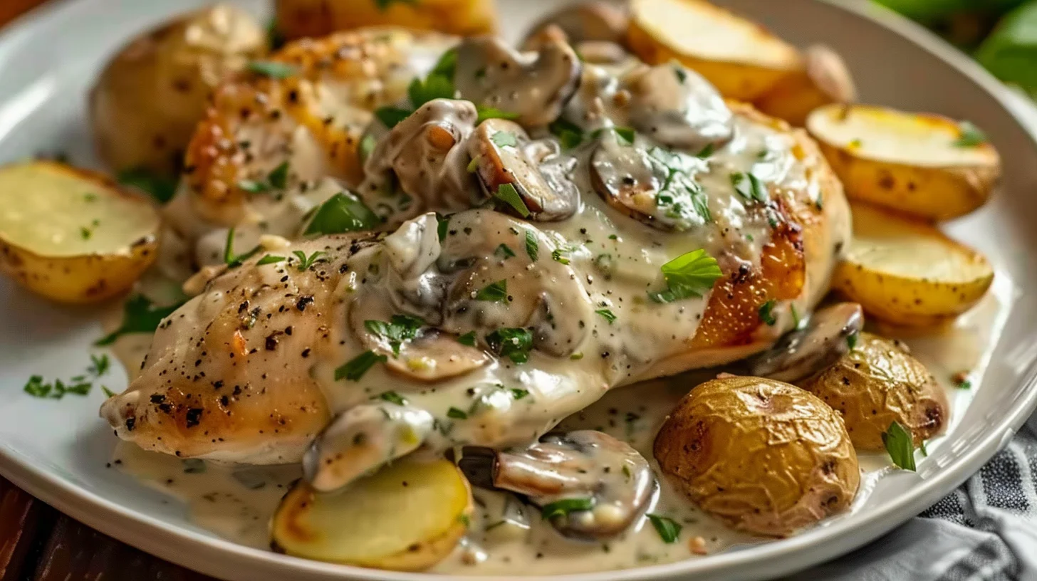 Creamy Garlic Mushroom Alfredo Chicken and Potatoes
