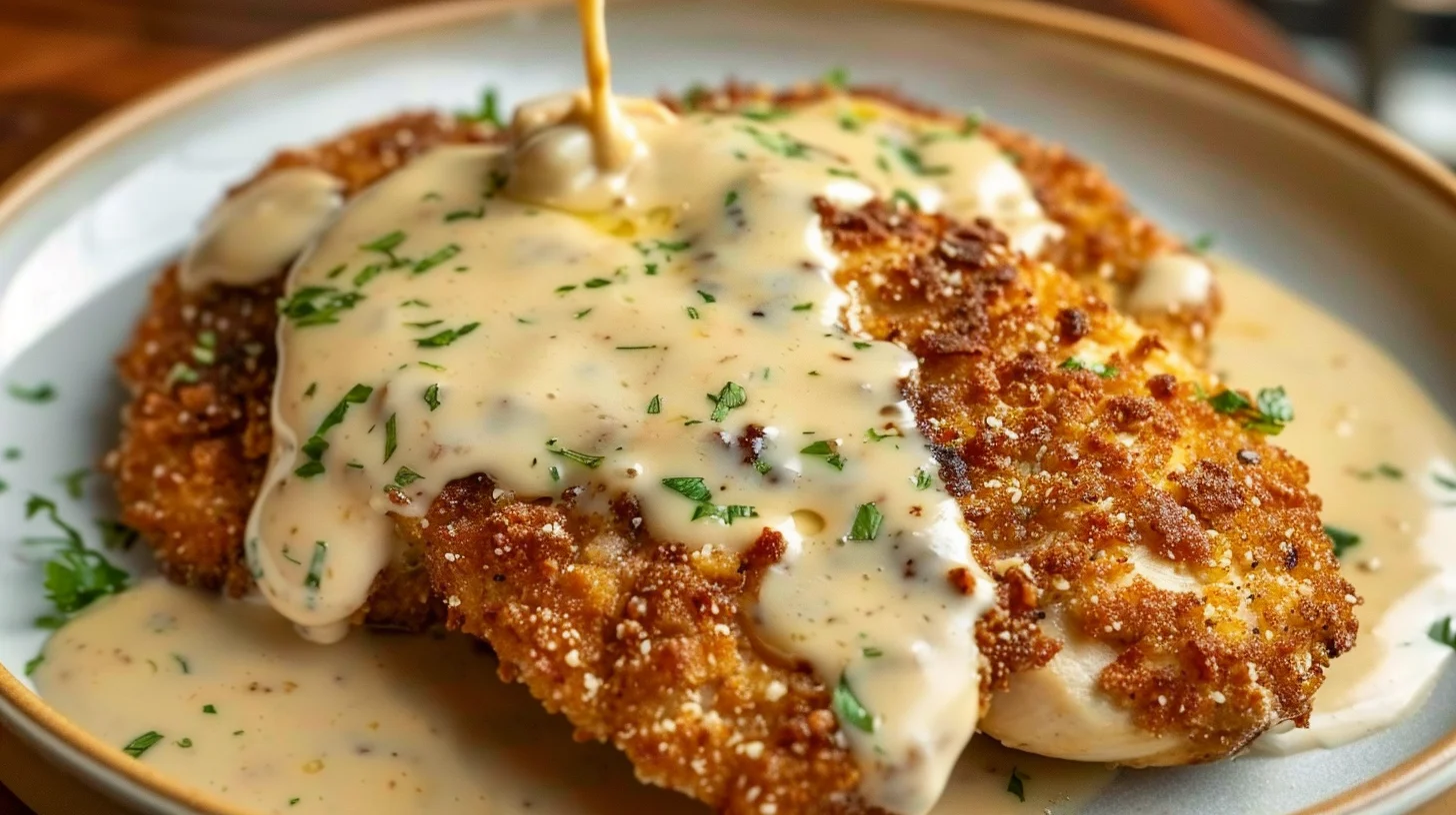 Crispy Parmesan Chicken With A Rich Garlic Sauce