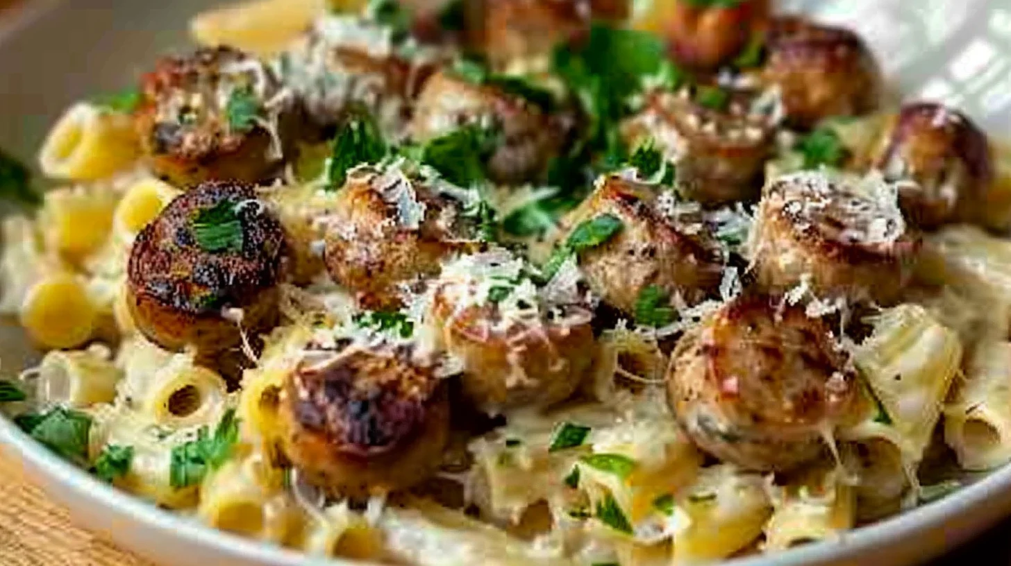 Garlic Butter Sausage Bites With Creamy Parmesan Pasta