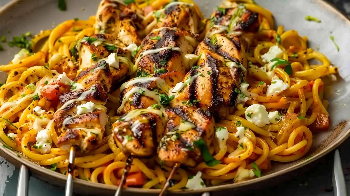 Greek Chicken Pasta With Spicy Harissa Feta Cream