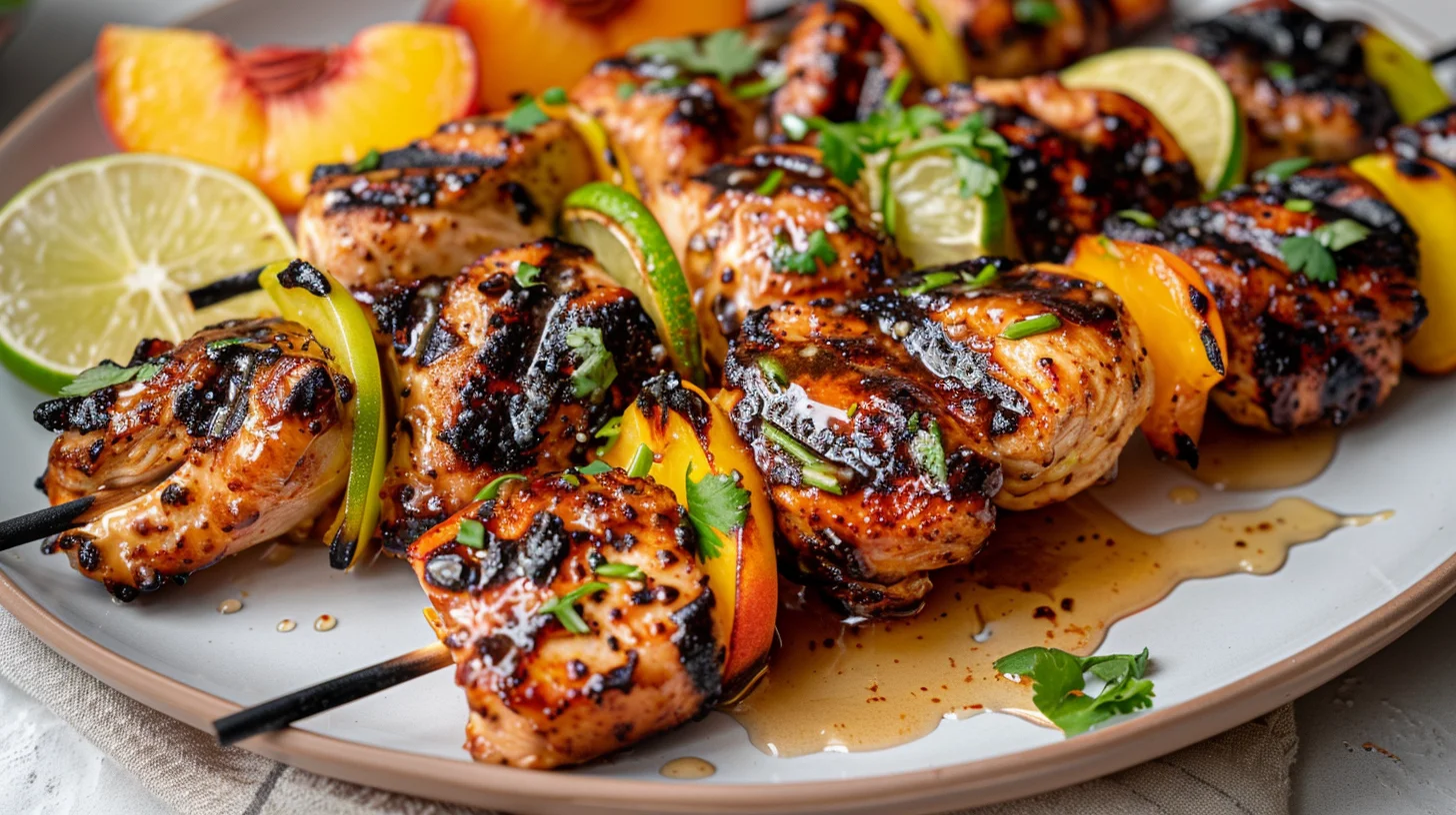 Honey Lime Chicken and Charred Peach Skewers With Chipotle Glaze