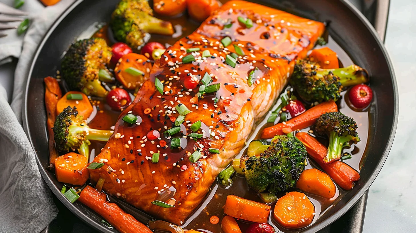 One Pan Baked Teriyaki Salmon and Vegetables