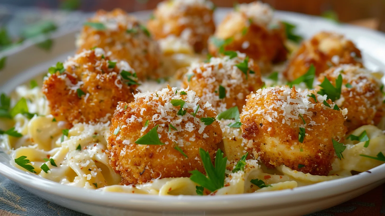 Parmesan Crusted Chicken Bites and Smoked Cajun Alfredo Gemelli