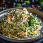 Pesto Chicken Alfredo With Spicy Feta Cream and Parmesan Broccoli Crunch