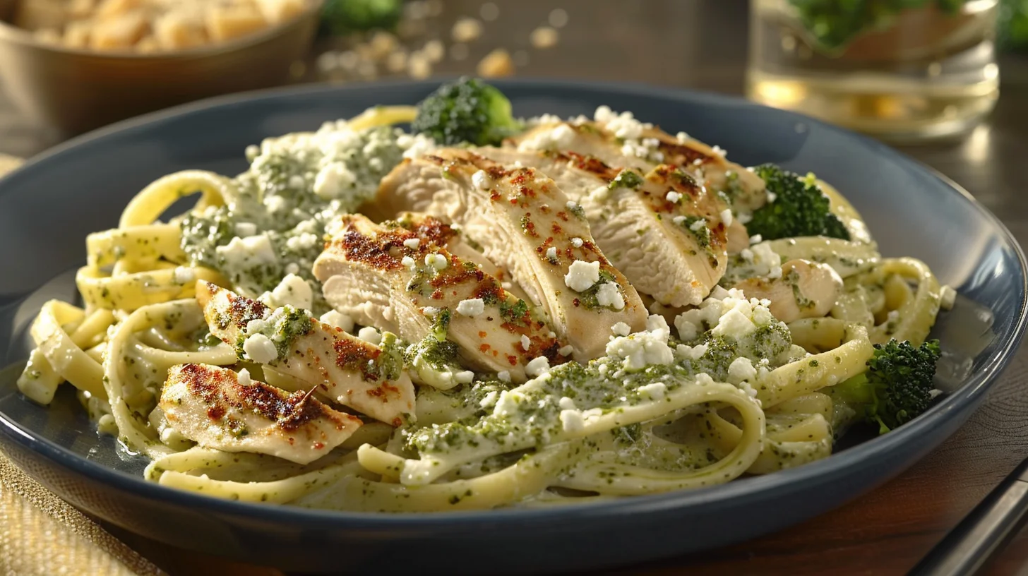 Pesto Chicken Alfredo With Spicy Feta Cream and Parmesan Broccoli Crunch