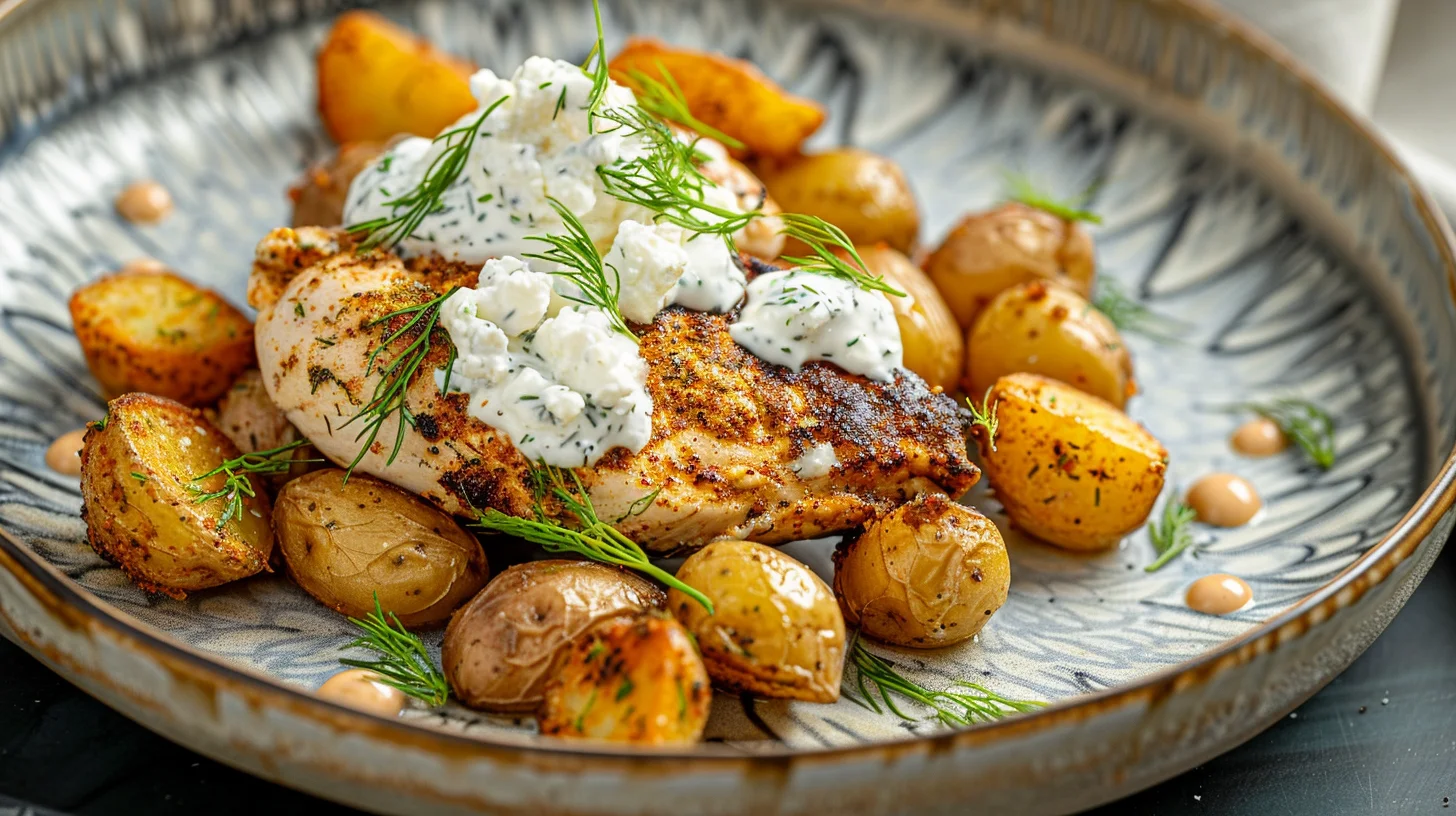 Spicy Yogurt Marinated Chicken With Dill Feta Cream and Crispy Baby Potatoes