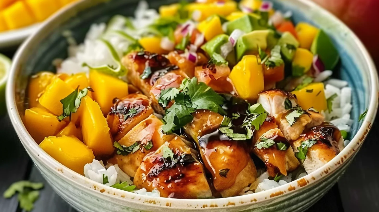 Sticky Honey Lime Chicken Bowls With Mango Avocado Salsa