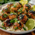 Sticky Honey Lime Chicken Meatballs With Cilantro Rice Pilaf