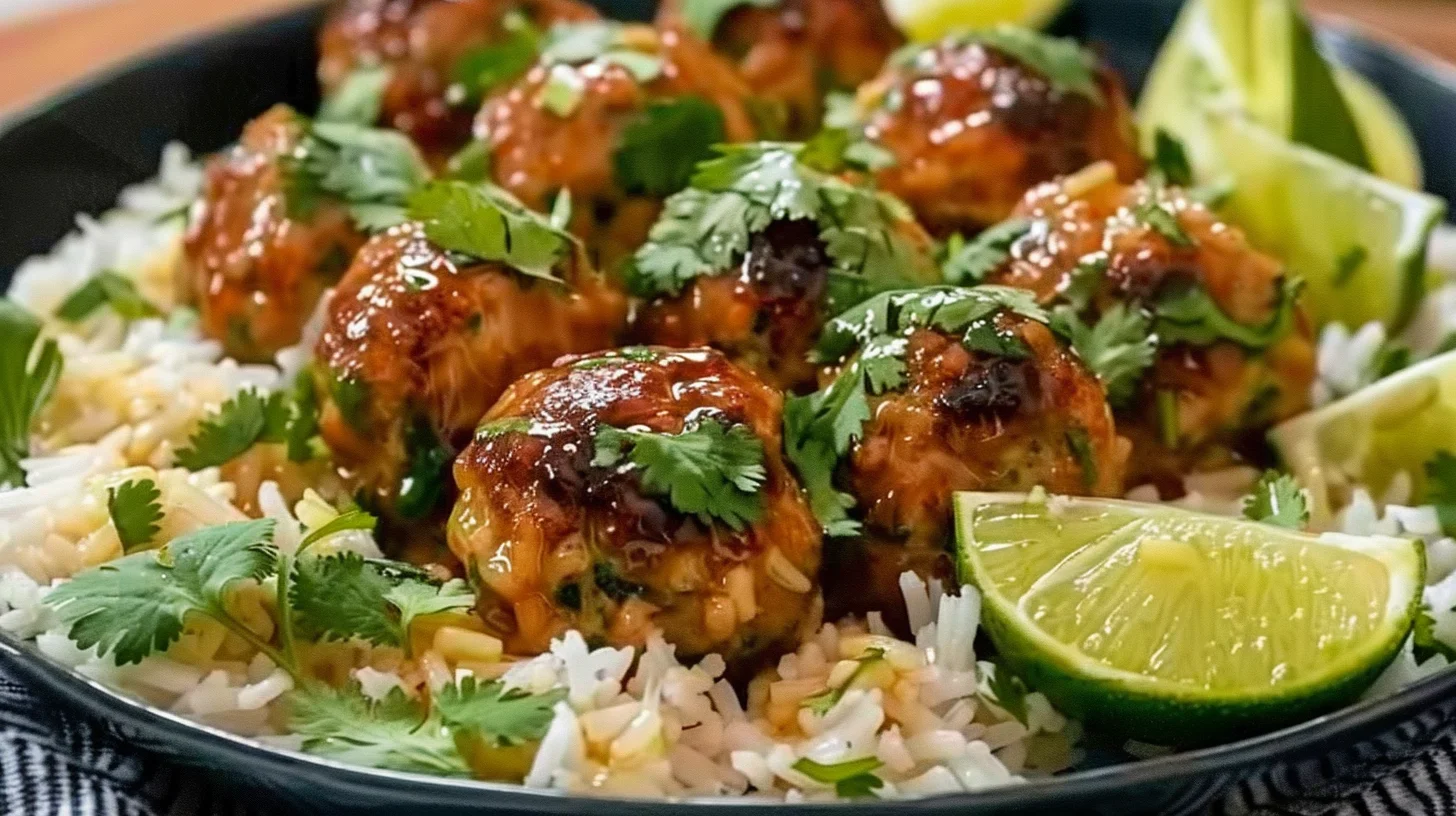 Sticky Honey Lime Chicken Meatballs With Cilantro Rice Pilaf