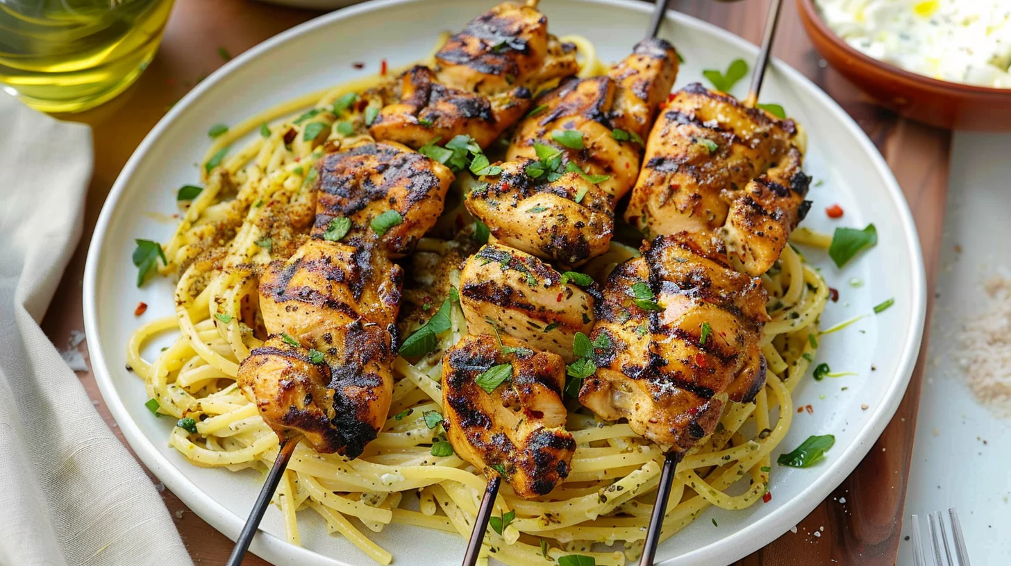 Zesty Greek Chicken Pasta With Spicy Harissa