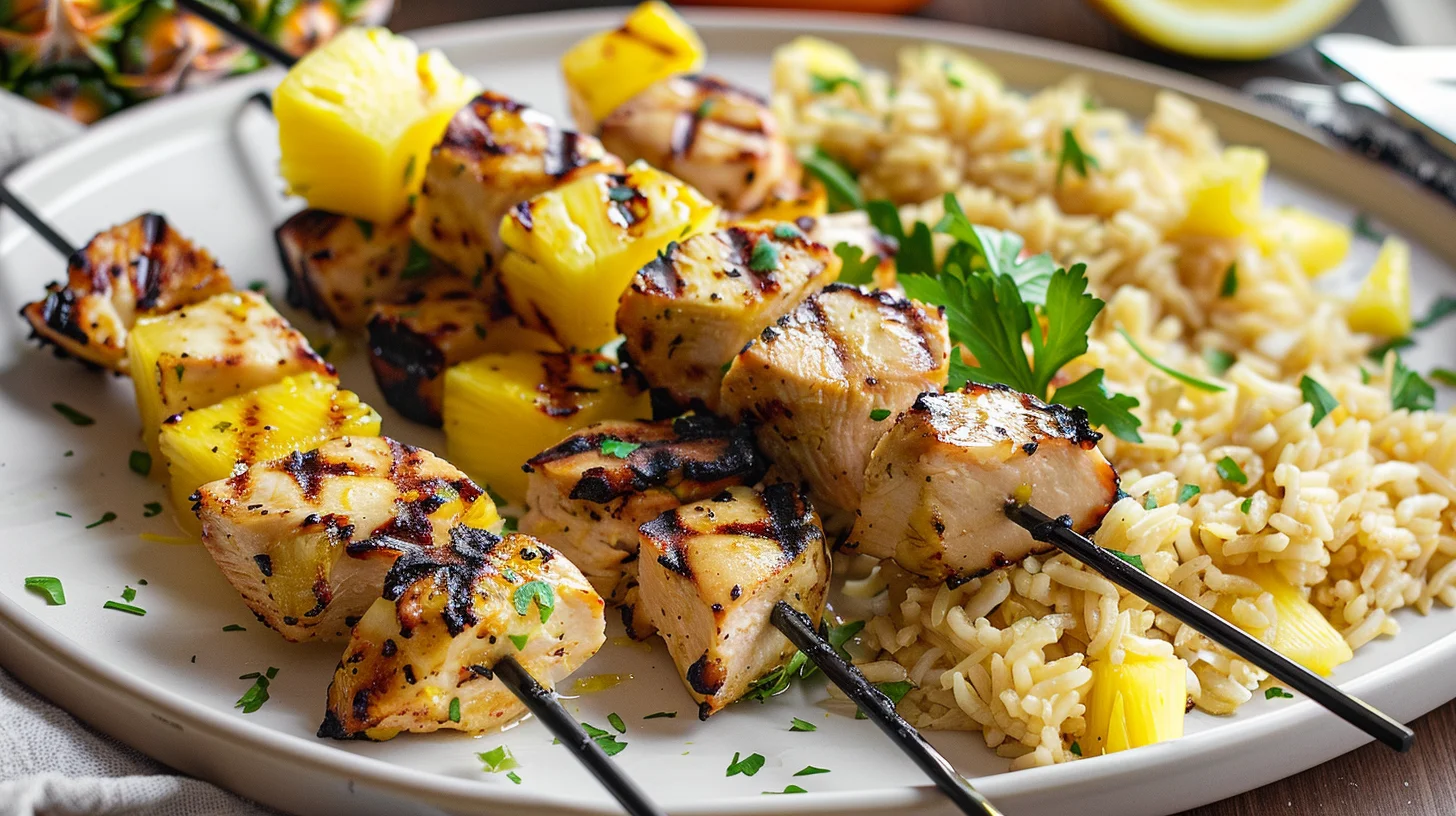 Citrus Marinated Turkey and Pineapple Skewers With Pineapple Rice
