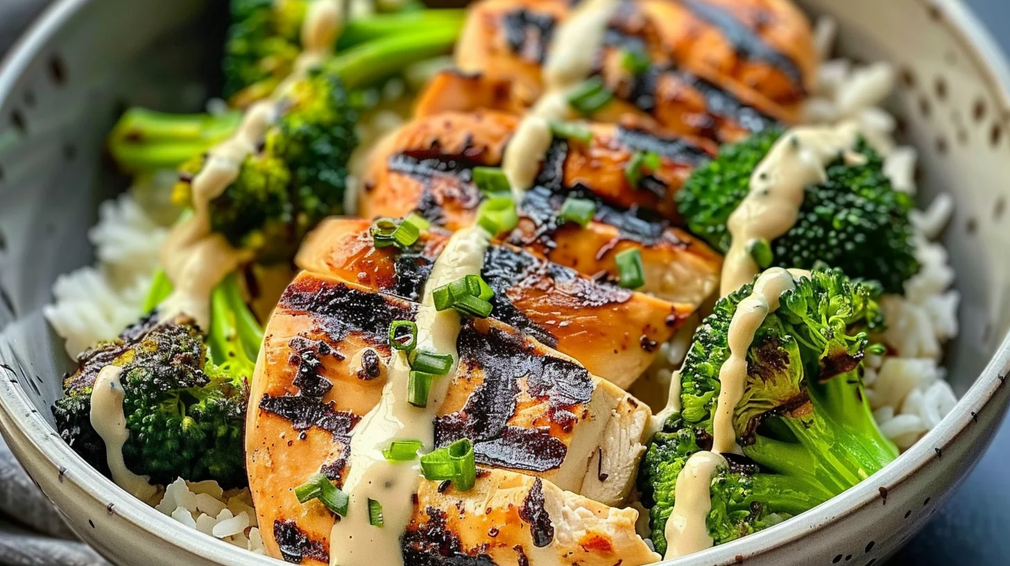 Grilled Chicken and Broccoli Bowl With Creamy Garlic Sauce