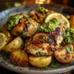 Lemon Garlic Chicken and Crispy Potatoes With Avocado Pesto Cream