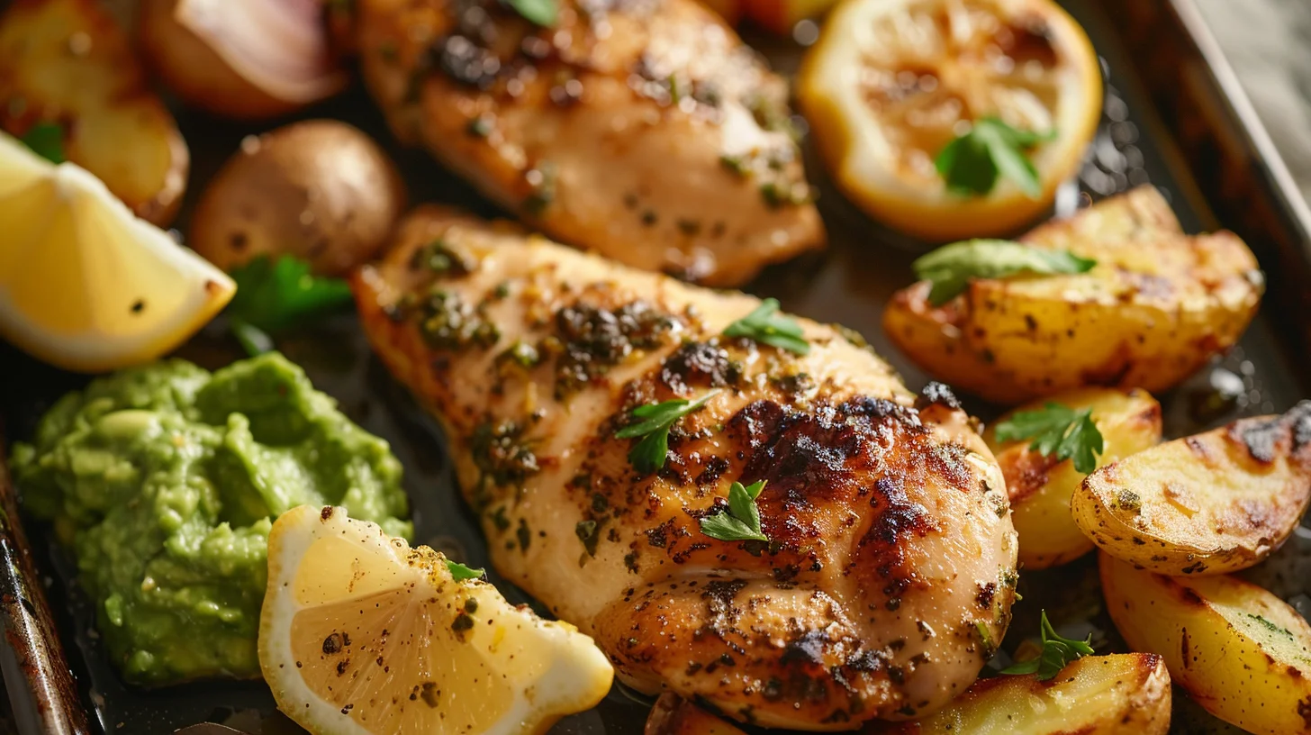 Lemon Garlic Chicken and Crispy Potatoes With Avocado Pesto Cream