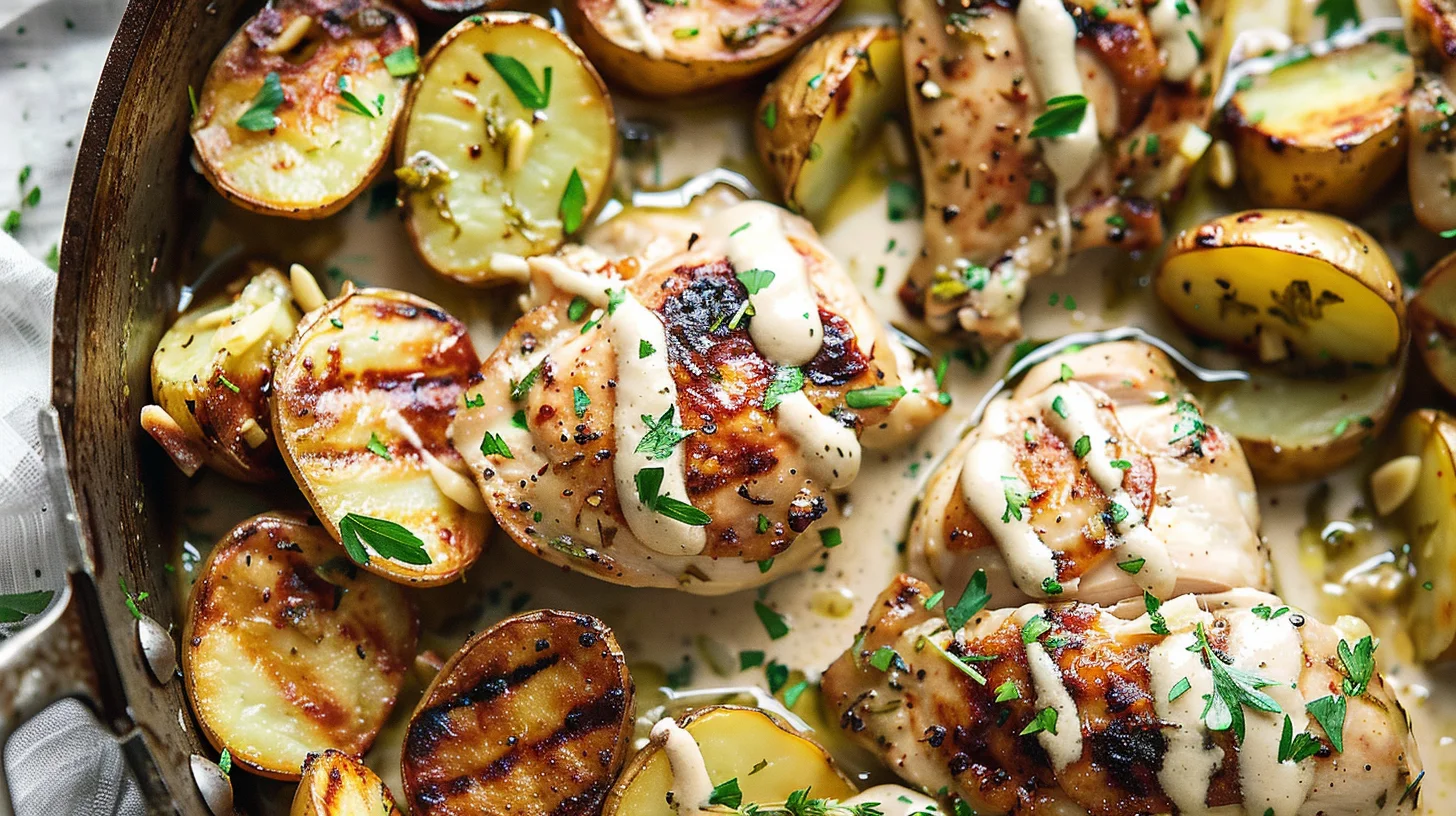 Lime Herb Chicken With Garlic Roasted Potatoes and Creamy Drizzle