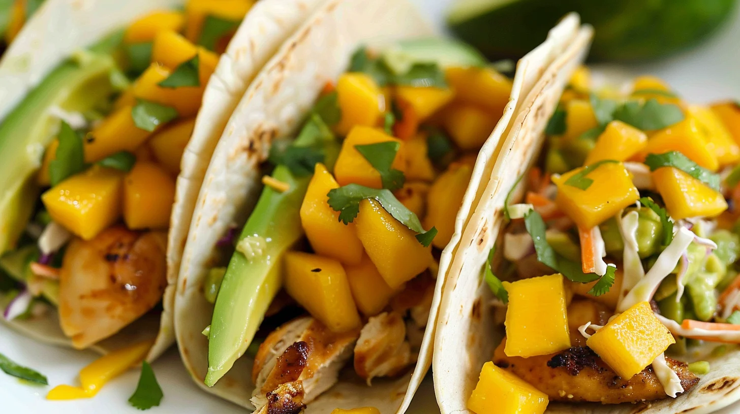 Sticky Mango Chicken Tacos With Avocado Slaw