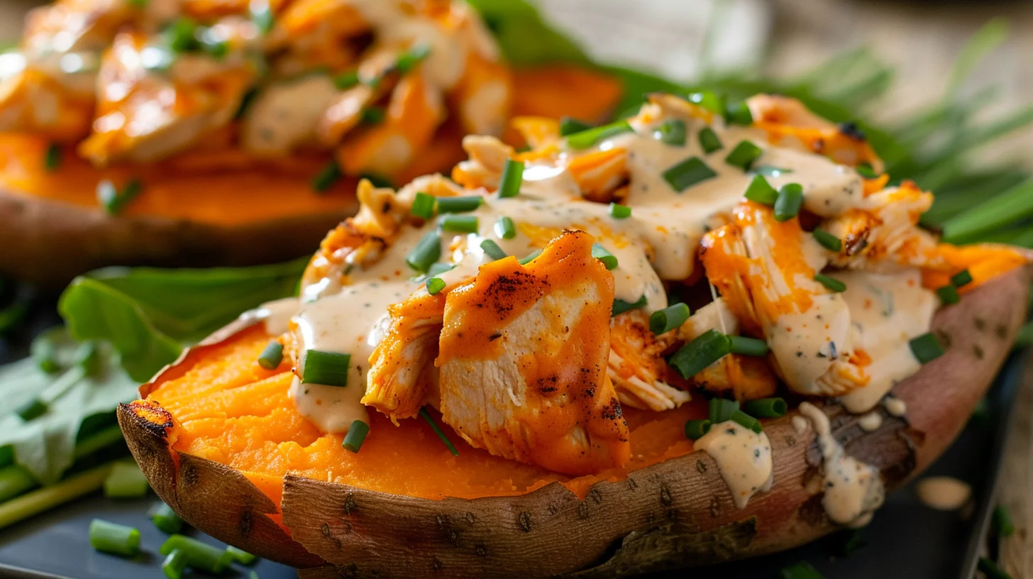 Buffalo Chicken Stuffed Sweet Potatoes