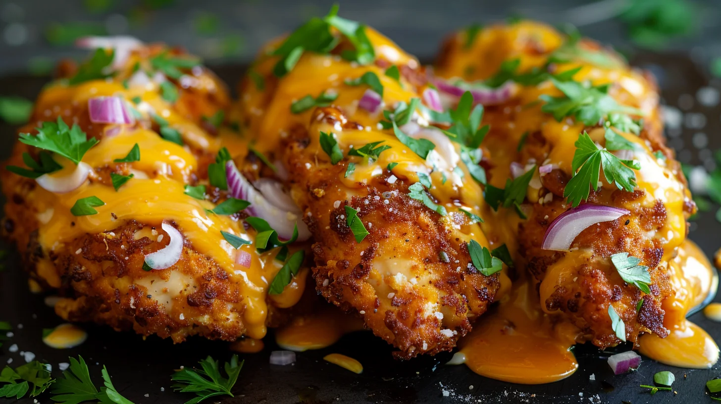 Pretzel Chicken With Mustard and Cheddar Sauce