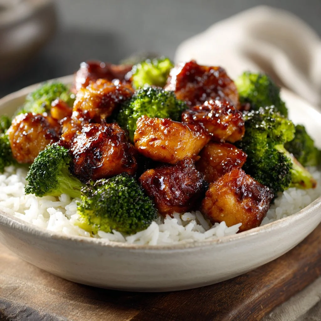 Crispy air fryer chicken bites served with broccoli