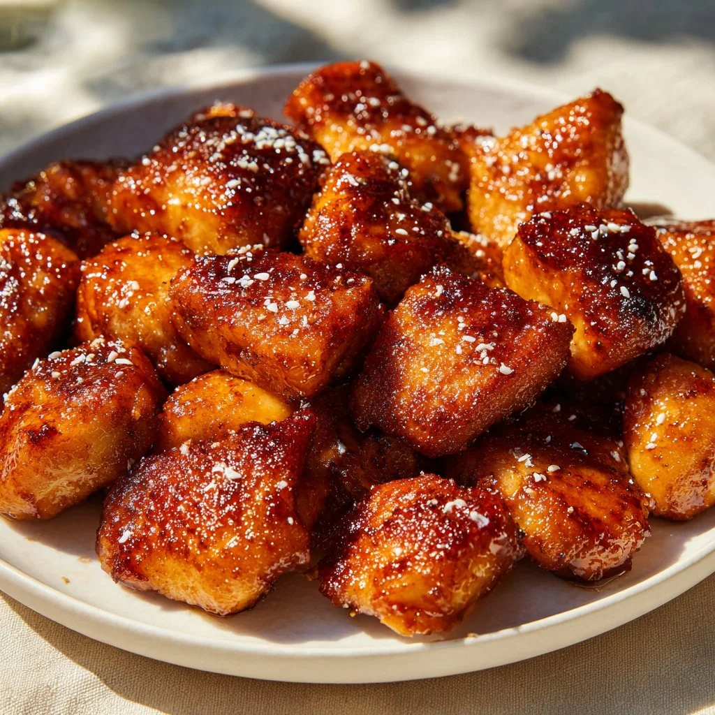 Crispy Air Fryer Honey BBQ Chicken Bites served with dipping sauce