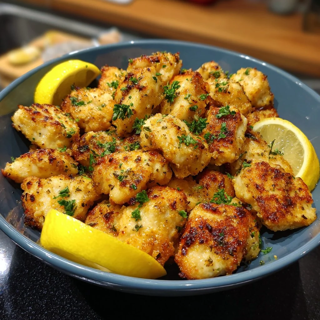 Air Fryer Lemon Chicken Bites served on a plate with lemon slices