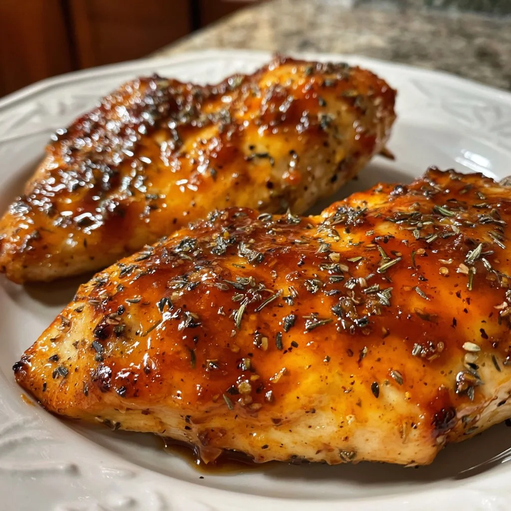 Air Fryer Maple Glazed Chicken Breast served on a plate with herbs and vegetables