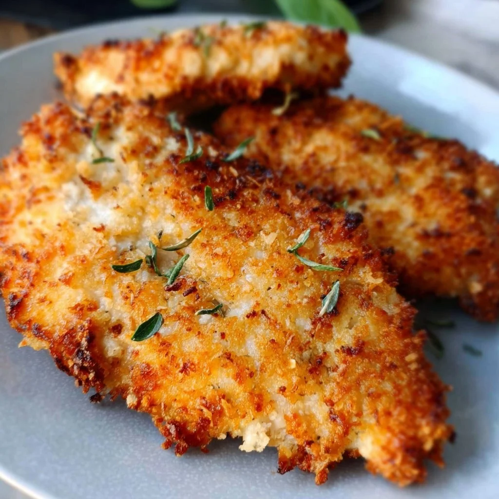Air Fryer Parmesan Crusted Chicken on a plate with herbs