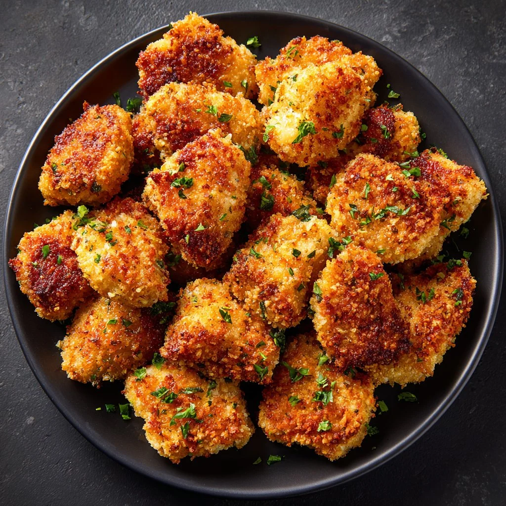 Air Fryer ranch-crusted chicken bites served on a plate with dipping sauce