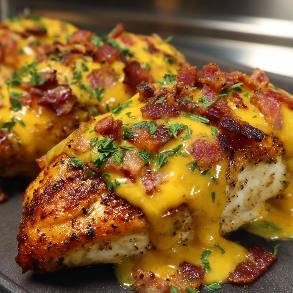 Plated Alice Springs Chicken with honey mustard sauce, cheese, and mushrooms.