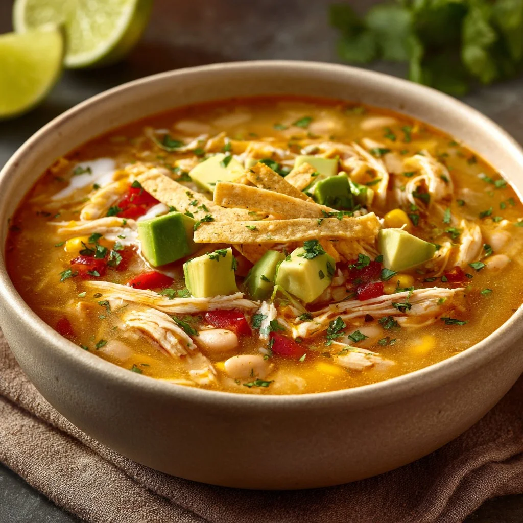 Bowl of award winning white chicken chili topped with cilantro and avocado