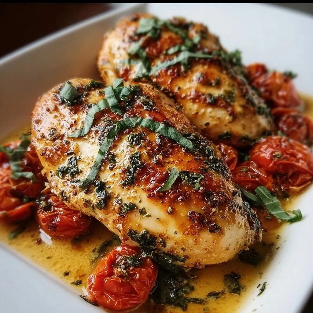 Baked Tuscan chicken breast garnished with herbs and vegetables