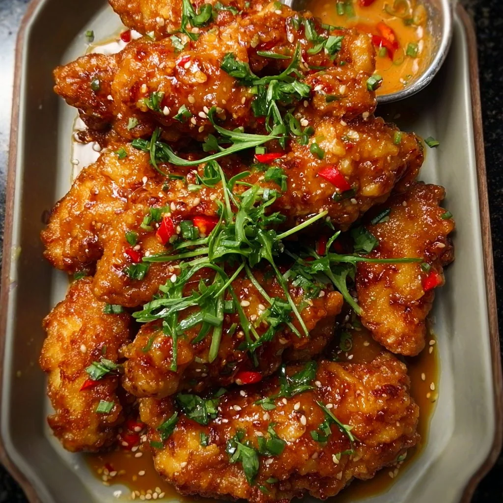 Delicious Bang Bang Chicken served with a spicy sauce and garnished with herbs.