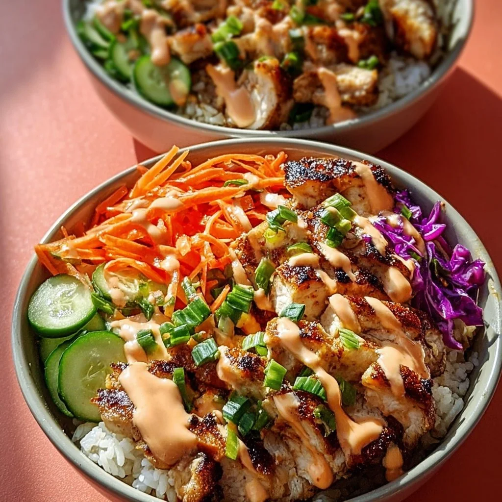 Image of a Bang Bang Chicken Bowl featuring spicy chicken, vegetables, and rice.