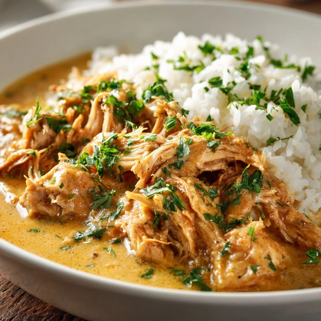 Delicious Crockpot Chicken and Gravy served on a plate