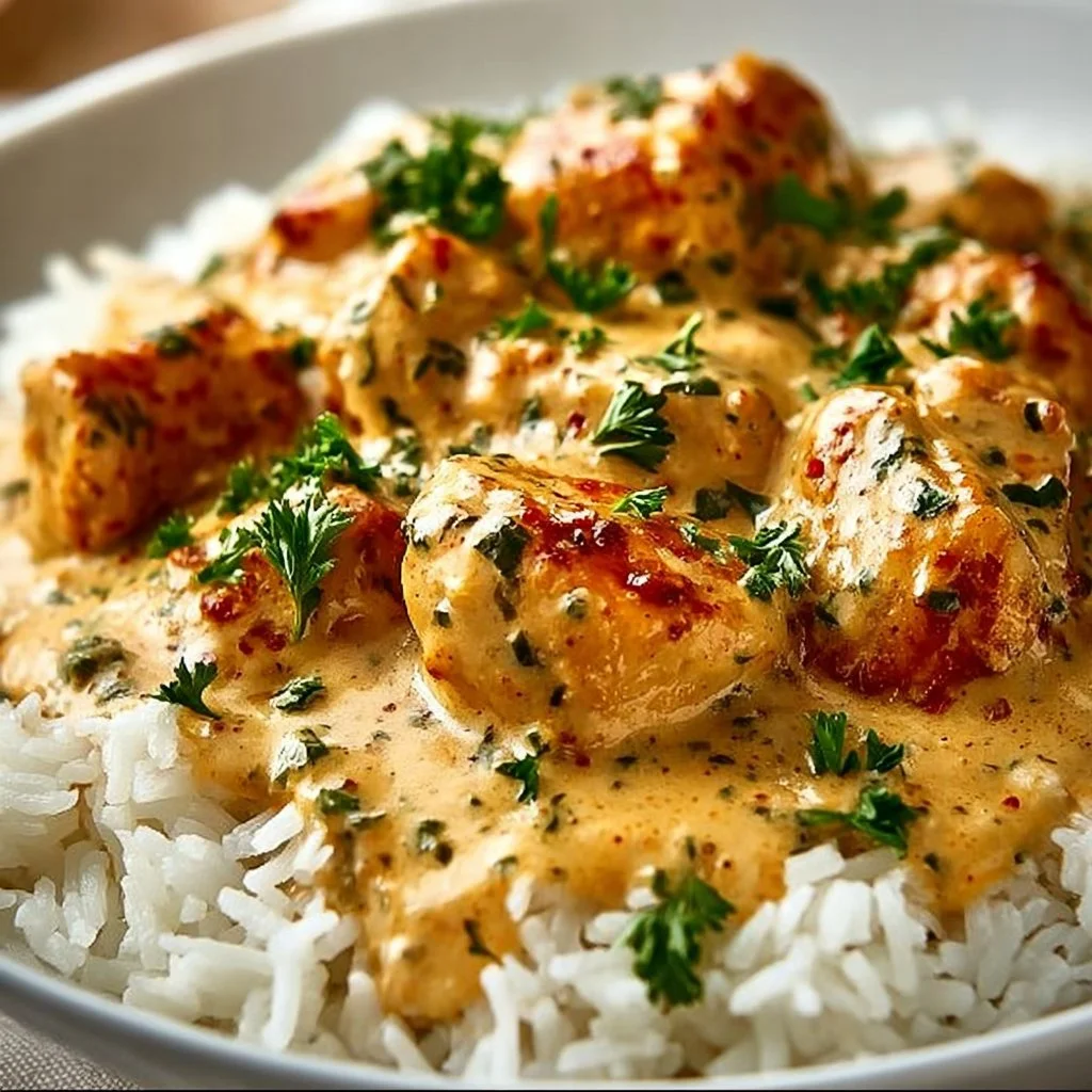 Delicious plate of smothered chicken served over rice with rich gravy