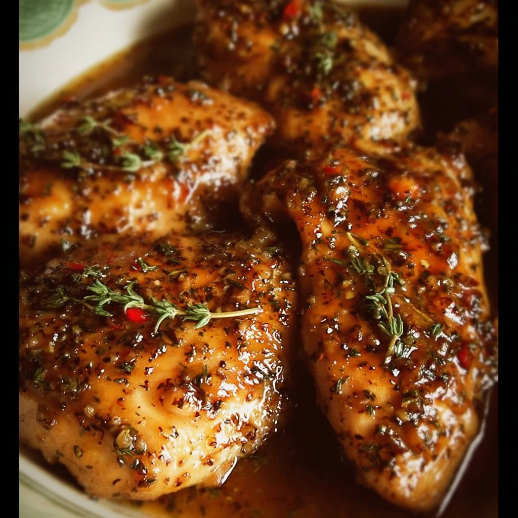 Plate of Brown Sugar Garlic Chicken garnished with herbs