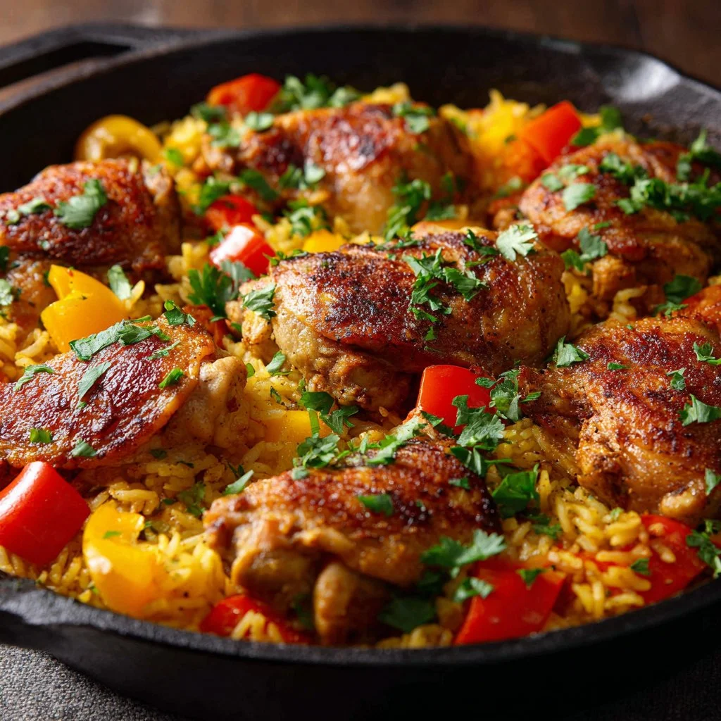 Plate of Caribbean Chicken served with fluffy rice and vibrant vegetables