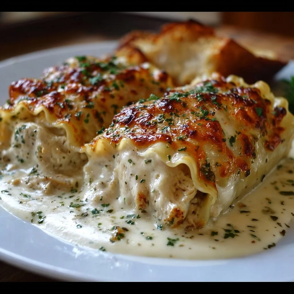 Cheesy Chicken Alfredo Lasagna Rolls served on a plate
