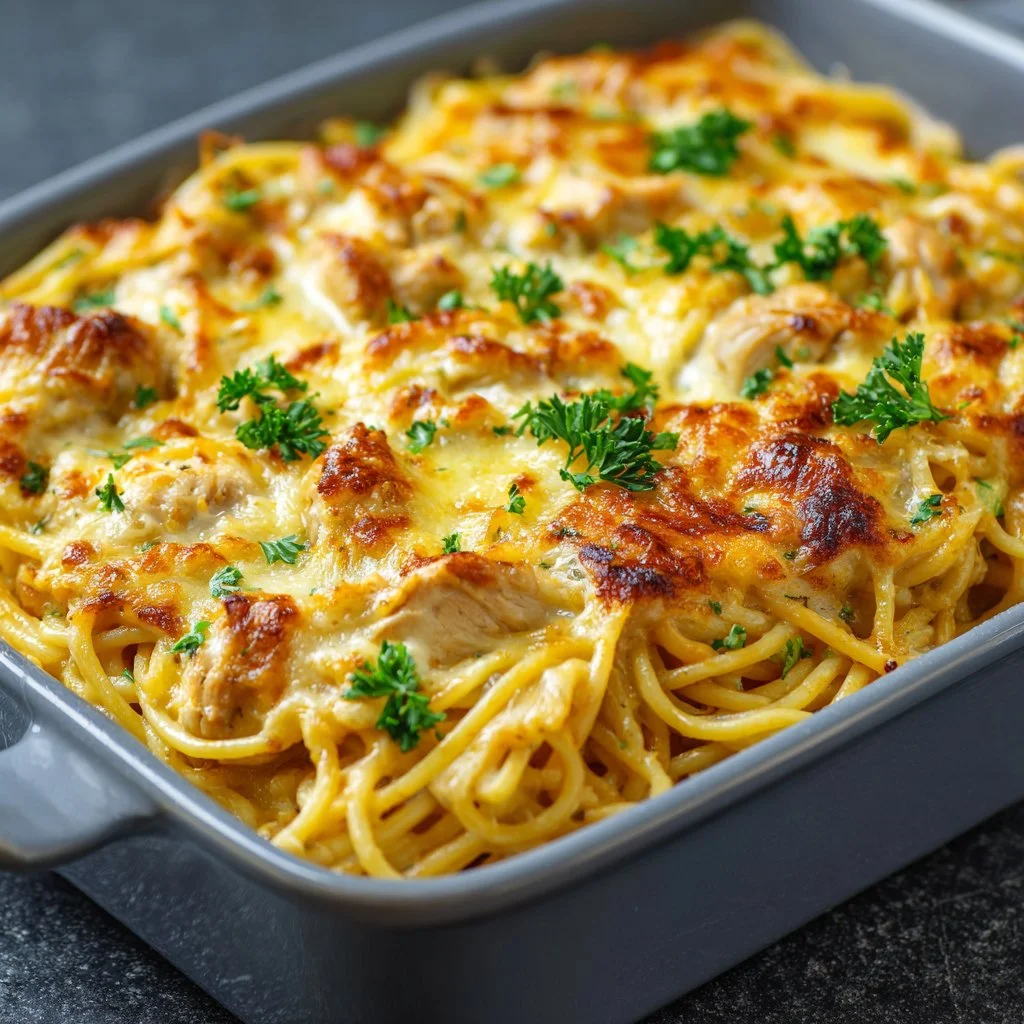 Cheesy chicken spaghetti casserole with golden cheese topping and pasta