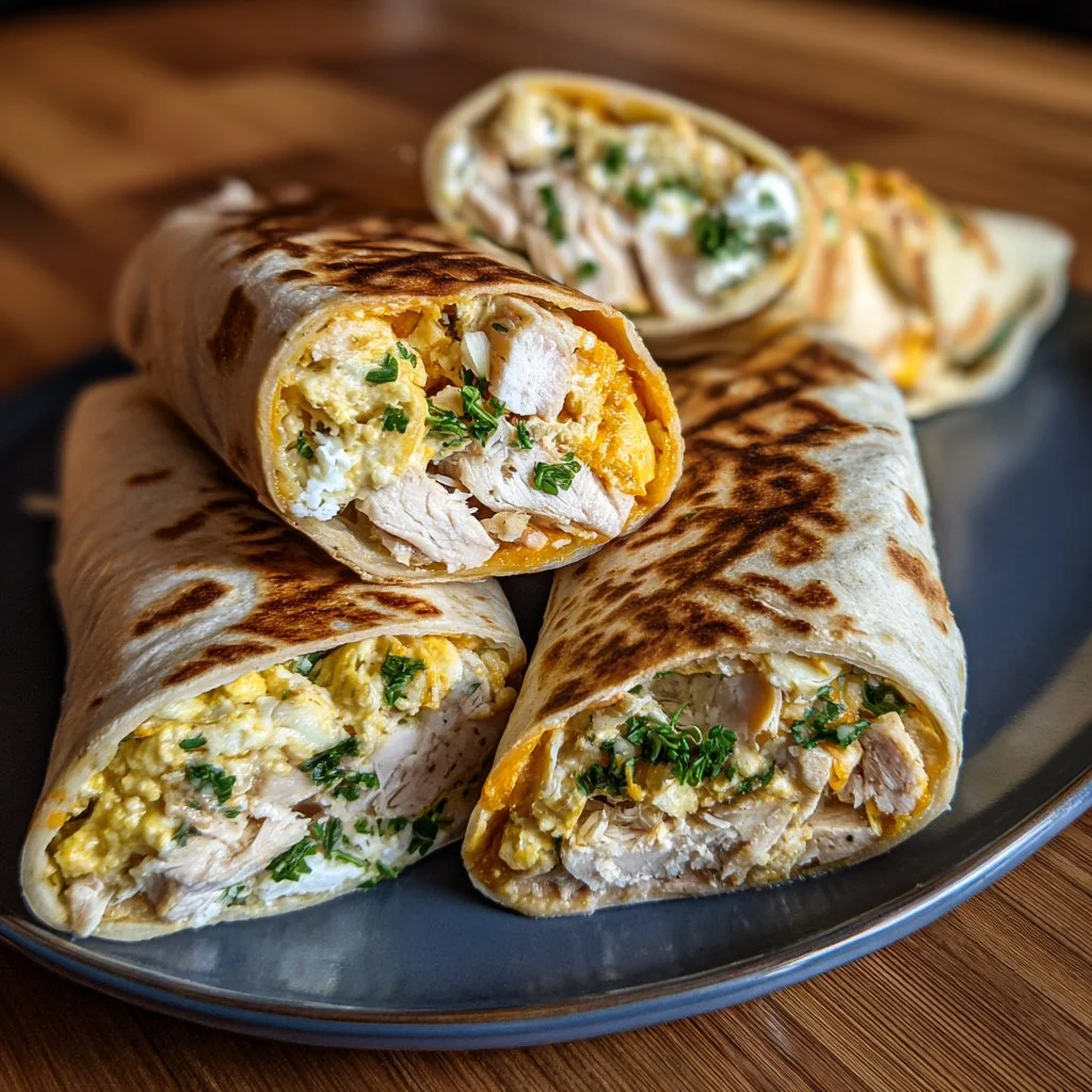 Delicious cheesy garlic chicken wrap garnished with fresh herbs