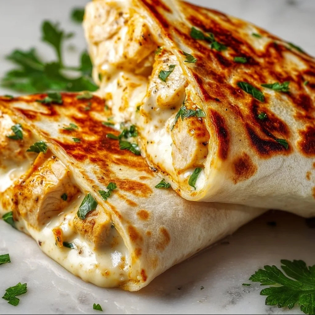 Cheesy Garlic Chicken Wrap filled with chicken, cheese, and garlic sauce