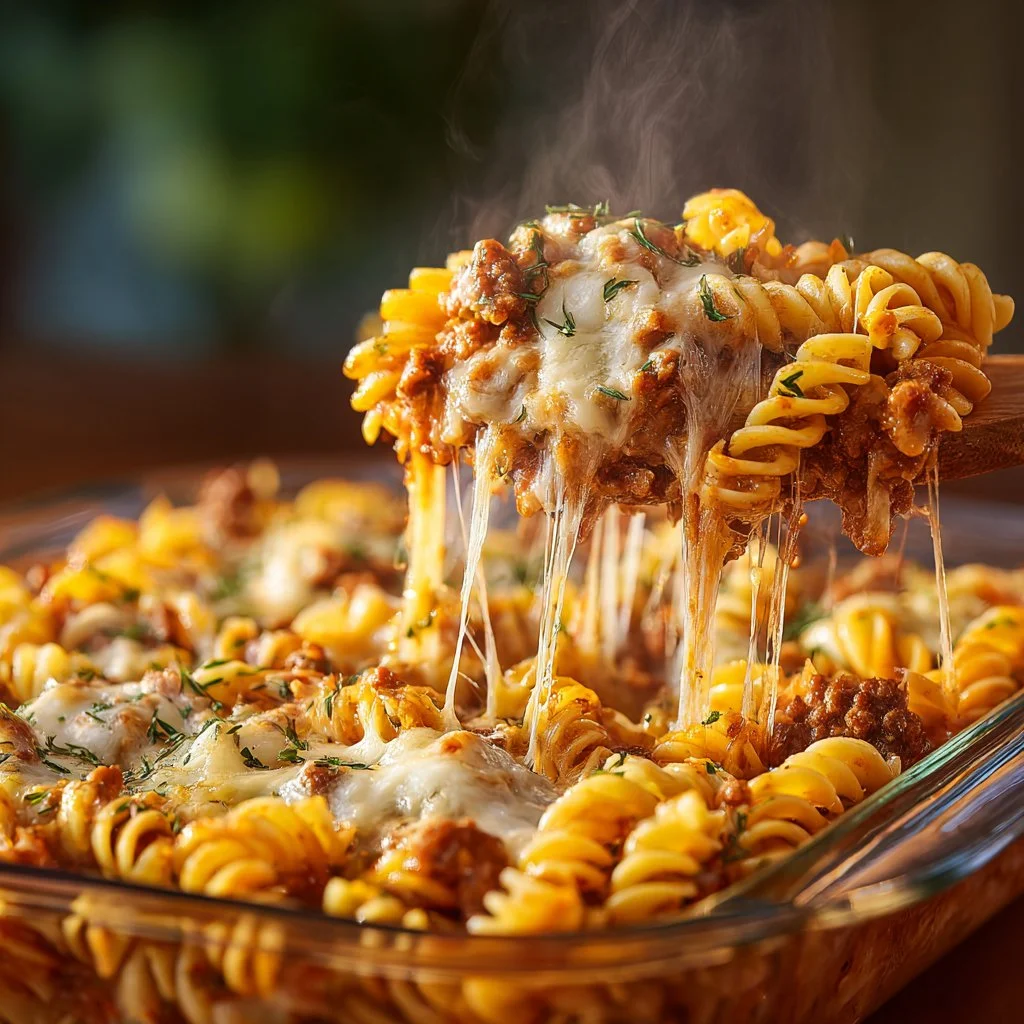Cheesy hamburger casserole bake served in a baking dish with melted cheese on top.