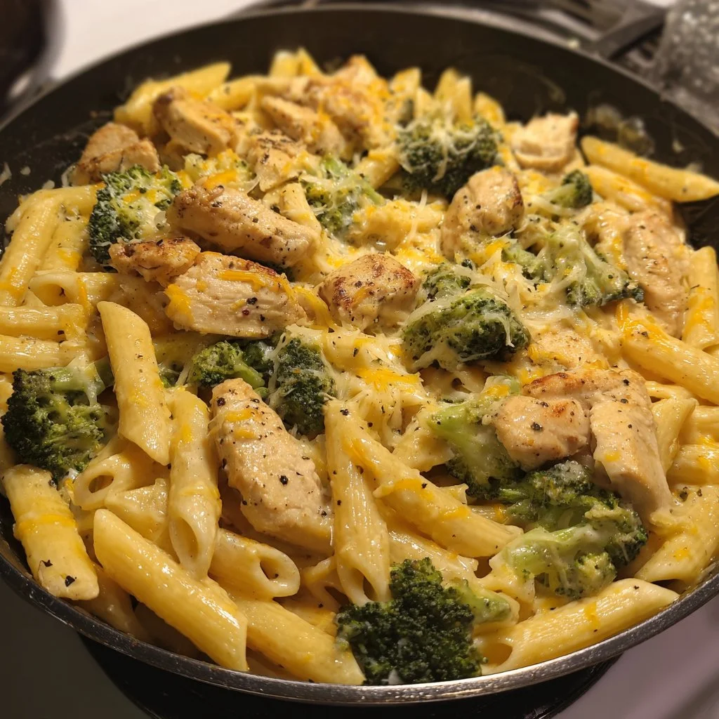 Cheesy Ranch Chicken and Broccoli Pasta Skillet served in a skillet