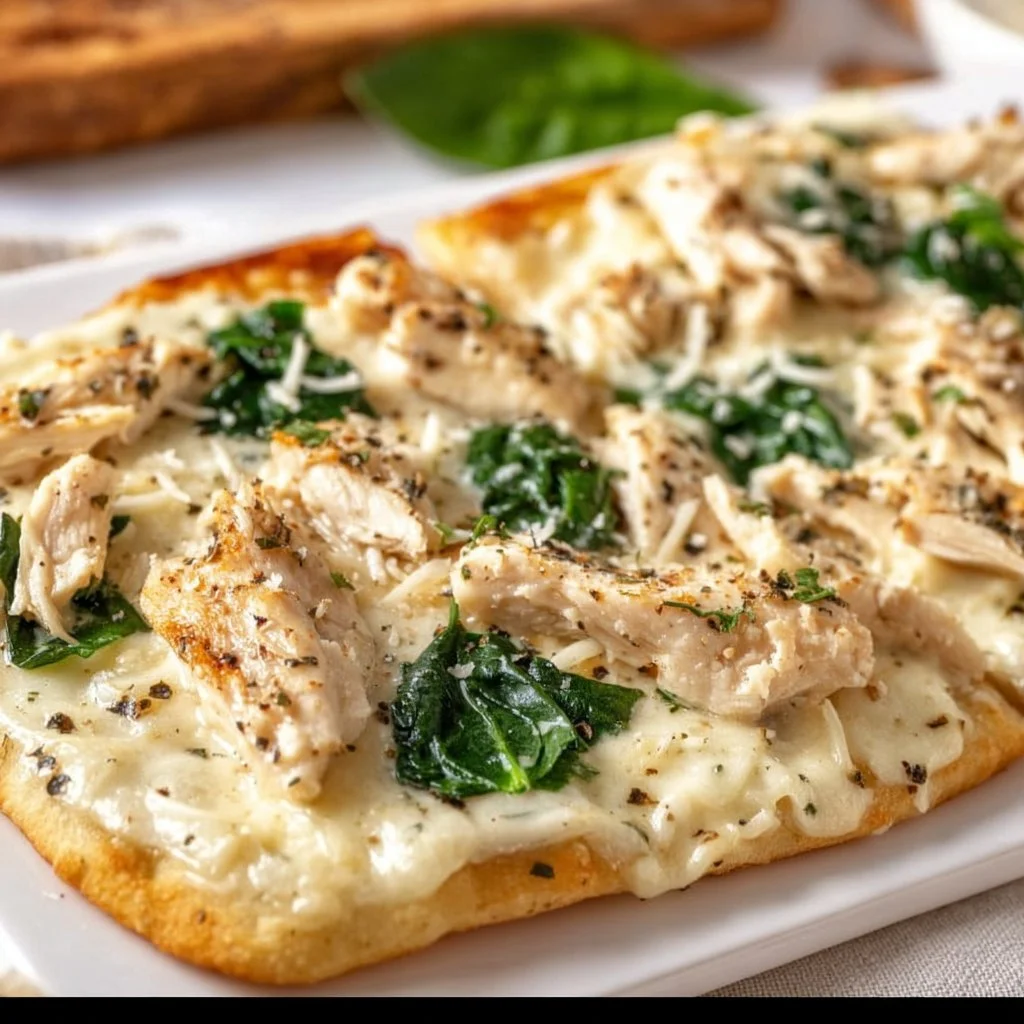 Chicken Alfredo Flatbread topped with creamy sauce and grilled chicken