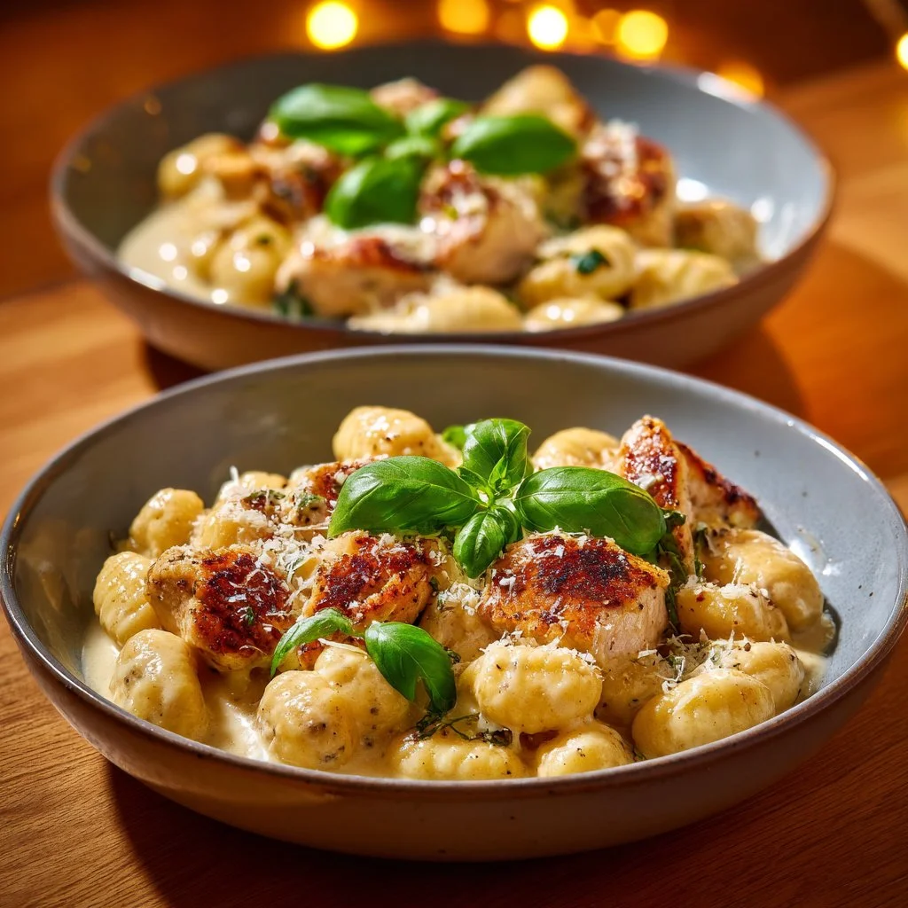 Creamy Chicken Alfredo Gnocchi served in a bowl with garnishes